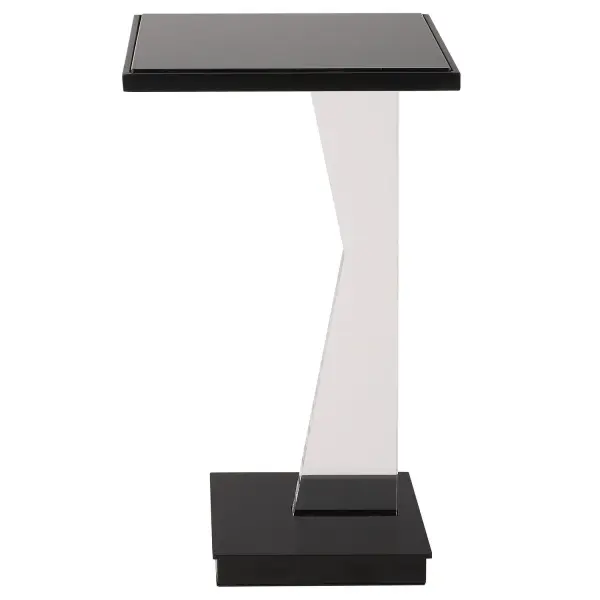 An Ode To Contemporary Styling, Our Angle Accent Table Showcases A Gravity Defying Design Featuring A Clear Angular Support. Top Is Black Mirror With A Coordinating Black Metal Base. Collection: Angle Designer: Matthew Williams Finish: Black Width: 12.50" Height: 22.75" Length: 9.63" Weight: 16.30 lb Material: Iron, Mirror, Acrylic Country of Origin: China Safety Rating: Indoor Only