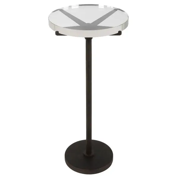 Inspired By Classic Industrial Style, The Forge Accent Table Is Finished In A Textured Rustic Brown Topped With A Clear Crystal Tabletop. Collection: Forge Designer: Matthew Williams Finish: Brown Width: 12.00" Height: 24.75" Length: 12.00" Weight: 16.35 lb Material: Iron, Crystal Country of Origin: China Safety Rating: Indoor Only