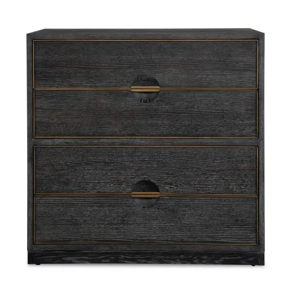 Showcasing Refined Simplicity, This Four Drawer Chest Is Layered In A Dark Walnut Finished Oak Veneer Accented With Brass Finished Metal Edge Profiles And Coordinating Drawer Pulls. Collection: Besos Designer: Matthew Williams Finish: Dark Walnut Width: 32.00" Height: 32.00" Length: 18.00" Weight: 148.00 lb Material: Oak Wood, Mdf, Oak Veneer, Iron Country of Origin: Vietnam Safety Rating: Indoor Only