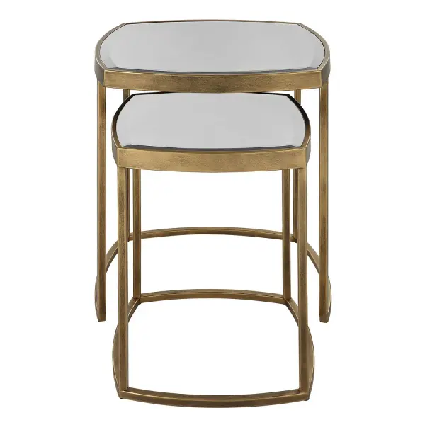 Gently Curved Lines Of The Vista Nesting Tables Are The Perfect Functional Statement, With A Boldly Framed Top Inset With Beveled Mirror Finished In Antique Gold. Sizes: S-15"x15"x20", L-20"x20"x24" Collection: Vista Designer: David Frisch Finish: Antique Gold Width: 19.75" Height: 23.75" Length: 19.75" Weight: 24.70 lb Material: Iron, Mirror Country of Origin: China Safety Rating: Indoor Only