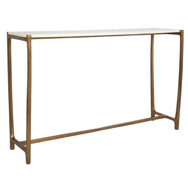 With Understated Sophistication, The Affinity Console Table Complements With Ease. Featuring A Shapely Cast Aluminum Base In Antique Gold That Encapsulates A Natural White Marble Top. True To The Nature Of Natural Materials, Each Piece Will Have Unique Marbling And Veining Throughout. Collection: Affinity Designer: Renee Wightman Finish: Antique Gold Width: 47.00" Height: 30.00" Length: 13.00" Weight: 75.00 lb Material: Marble, Aluminum Country of Origin: India Safety Rating: Indoor Only