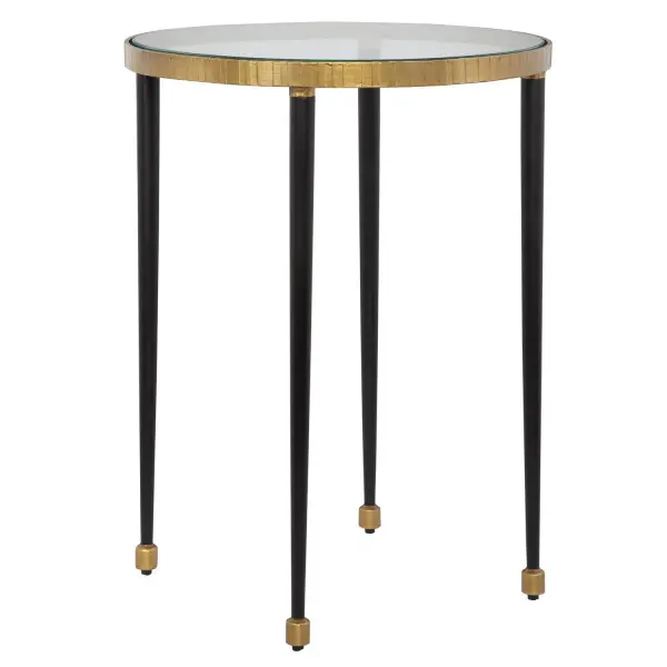 The Stiletto Side Table Offers Stylish Accent To Your Sofa Or Chair. Constructed From Iron Featuring A Texture Rimmed Top In Antique Gold With Tapered Black Legs With Petite Gold Accents. Top Is Clear Glass. Collection: Stiletto Designer: John Kowalski Finish: Antique Gold Width: 17.00" Height: 23.00" Length: 17.00" Weight: 24.00 lb Material: Iron, Glass Country of Origin: India Safety Rating: Indoor Only