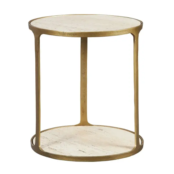 The Warm Tones Of The Clench Side Table Are The Perfect Accent To Any Modern Space. With A Rich Antique Brass Cast Aluminum Framework Accented By Beige Travertine Shelves. Due To The Nature Of Natural Stone, Every Piece Will Vary Slightly Ensuring Yours Is Unique. Collection: Clench Finish: Antique Brass Width: 21.25" Height: 23.25" Length: 21.25" Weight: 55.00 lb Material: Stone, Metal Country of Origin: India Safety Rating: Indoor Only