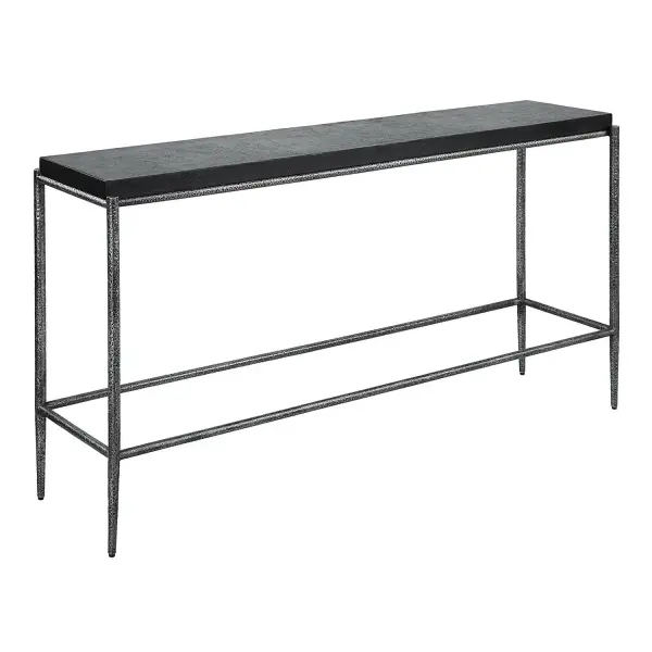 Heavily Textured Hammered Metal In Dark Silver Supports A Rich Black Natural Porous Concrete Top Adding A Contemporary Edge To Your Space. Collection: Crescendo Designer: Matthew Williams Finish: Dark Silver Width: 60.00" Height: 32.00" Length: 14.00" Weight: 29.17 lb Material: Iron And Concrete Country of Origin: Cambodia Safety Rating: Indoor Only