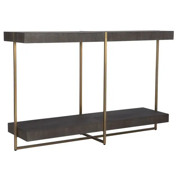 Contemporary In Style, This Console Table Features A Stainless Steel Framework Finished In A Brushed Brass With A Starburst Acacia Veneer Top In A Dark Walnut Stain Washed With A Light Gray Glaze. Collection: Taja Designer: Matthew Williams Finish: Brushed Brass Width: 47.75" Height: 31.00" Length: 14.00" Weight: 46.20 lb Material: Mdf, Veneer, Stainless Steel Country of Origin: Vietnam Safety Rating: Indoor Only