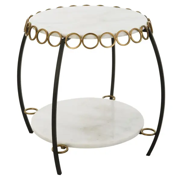 Shelves Of Honed White Marble Are Decorated With Antique Gold Ringlets With Gracefully Arched Iron Legs In Matte Black. True To The Nature Of Natural Materials, Each Piece Will Have Unique Marbling And Veining Throughout. Collection: Chainlink Designer: Renee Wightman Finish: Antiqued Gold Width: 25.25" Height: 21.75" Length: 25.25" Weight: 43.43 lb Material: Marble, Iron Country of Origin: China Safety Rating: Indoor Only