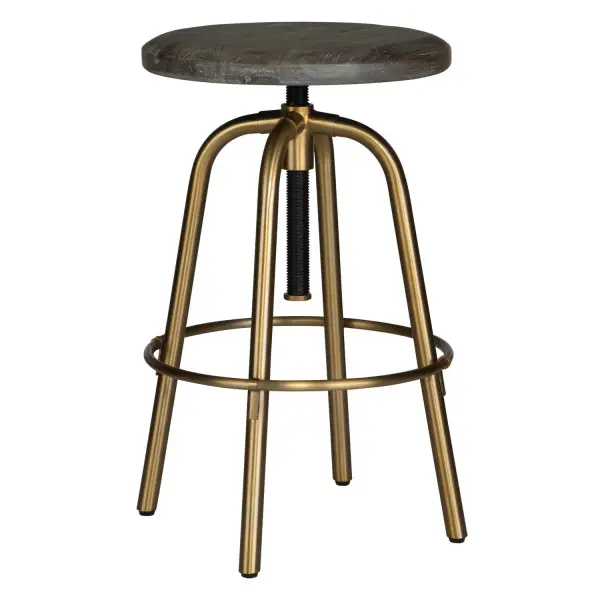 Contemporary In Style, The Revolve Counter Stool Features A Sturdy Stainless Steel Base Finished In Plated Brushed Brass With A Solid Acacia Wood Top In Dark Walnut And Washed With A Light Gray Glaze. Adjusts From 24" To 30"H. Collection: Revolve Designer: Matthew Williams Finish: Brushed Brass Width: 17.00" Height: 24.00" Length: 17.00" Weight: 15.40 lb Material: Stainless Steel, Iron, Acacia Solid Wood Country of Origin: Vietnam Safety Rating: Indoor Only