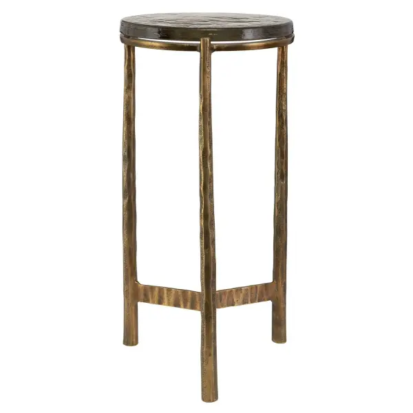 This Universal Accent Table Blends With Virtually Any Style. The Chiseled Cast Aluminum Base Is Finished In Antique Brass And Is Accented By A Thick Textured Recycled Glass Top. Suitable For Both Indoor And Outdoor Use. Collection: Eternity Finish: Antique Brass Width: 11.50" Height: 23.00" Length: 11.50" Weight: 11.10 lb Material: Glass, Aluminum Country of Origin: India Safety Rating: Indoor/Outdoor