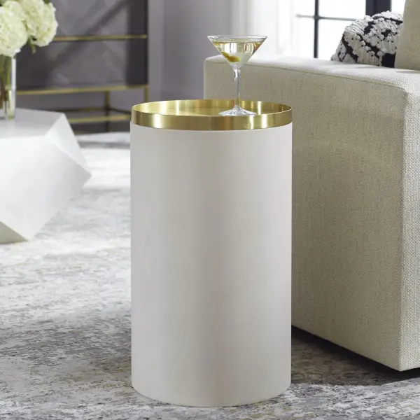Featuring A Lipped Top In Iron With A Beautiful Plated Brushed Brass Finish, Atop A Base Wrapped In White Faux Shagreen. Collection: Circuit Designer: Matthew Williams Finish: Brushed Brass Width: 13.75" Height: 24.00" Length: 13.75" Weight: 11.00 lb Material: Metal, Pu Leather Country of Origin: China Safety Rating: Indoor Only