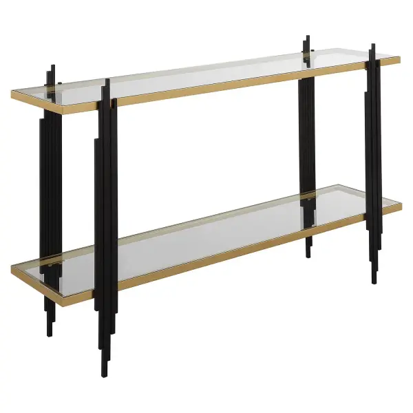 Gold Leaf Shelves Seem To Float Between Matte Black Iron Legs Reminiscent Of A Cityscape. Two Shelves Are Clear Tempered Glass. Collection: Empire Designer: Grace Feyock Finish: Gold Leaf Width: 52.00" Height: 33.88" Length: 13.00" Weight: 52.00 lb Material: Iron, Tempered Glass Country of Origin: China Safety Rating: Indoor Only