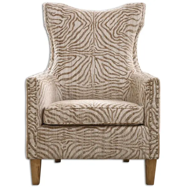 Styled With An Exotic High Back And Curved Rear Legs, This Chair Features Plush Stripes In Light, Airy Neutrals On The Seat, Surrounded By A Coordinating Solid On The Back. Double Row Nail Head Detail And Weathered Maple Wood Finish. Collection: Kiango Designer: Matthew Williams Finish: Stripes In Light, Airy Neutrals Width: 30.50" Height: 42.50" Length: 33.00" Weight: 62.99 lb Material: Wood, Plywood, Fabric, Foam, Fiber, Metal Country of Origin: Vietnam Safety Rating: Indoor Only
