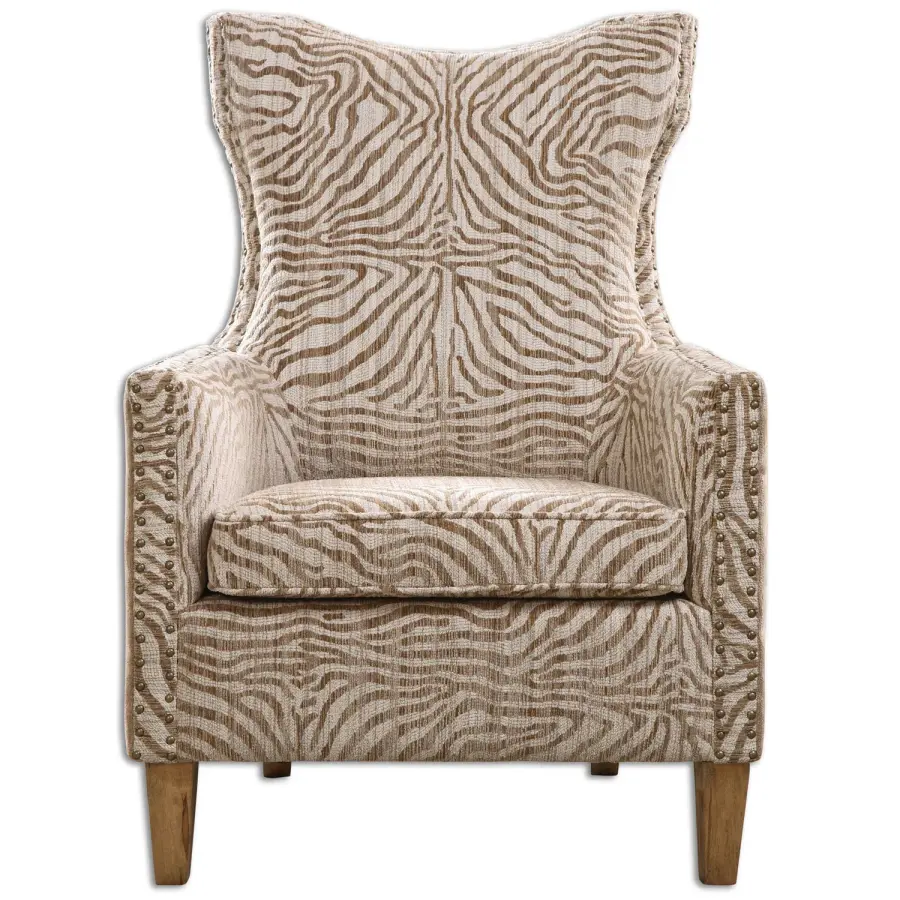 Kiango Arm Chair in Light Neutral Stripe with Weathered Maple Finish