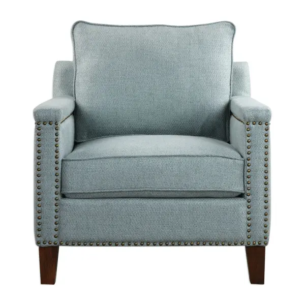 Supportive Comfort In A Transitional Club Chair, With A Subtle Woven Argyle Pattern In Light Sea Mist, Accented With Antique Brass Nail Head Trim On Solid Oak Legs Finished In Dark Walnut. Collection: Charlotta Designer: Jim Parsons Finish: Antique Brass Width: 31.00" Height: 34.00" Length: 36.00" Weight: 56.00 lb Material: Fabric, Plywood, Oak, Foam Country of Origin: China Safety Rating: Indoor Only