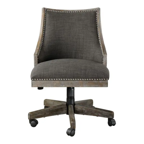Curved Back Design In Warm Charcoal Gray Linen, Accented By Polished Nickel Nail Head Trim. Honey-stained Frame Is Finished With Heavy Gray Wash. Collection: Aidrian Designer: Matthew Williams Finish: Polished Nickel Width: 22.50" Height: 39.00" Length: 25.00" Weight: 42.00 lb Material: Metal, Bent Wood, Plywood, Fabric, Foam, Hardware Country of Origin: China Safety Rating: Indoor Only