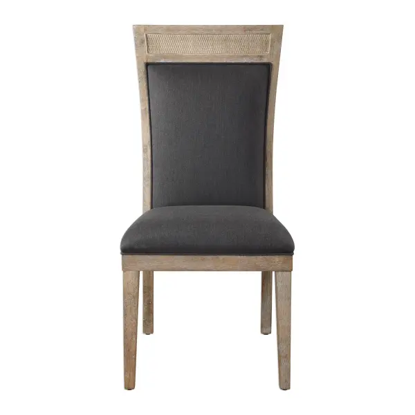 Make A Dramatic Style Statement With This Supportive High Back Chair, Featuring A Cane Accented Top In A Hand Rubbed Sandstone Exposed Hardwood Finish, Tailored In A Durable Yet Lush Dark Gray Fabric. Collection: Encore Designer: Matthew Williams Finish: Dark Gray Width: 19.50" Height: 41.25" Length: 26.50" Weight: 20.00 lb Material: Solid Wood, Plywood, Rattan, Fabric, Foam, Hardware Country of Origin: China Safety Rating: Indoor Only