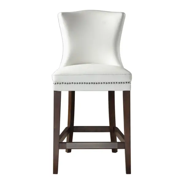 Sleek Styling With A Gently Curved Back, Featuring Soft Faux Leather In A Cream White, With Hand Hammered Polished Nickel Nail Head Trim. Birch Wood Frame Is Finished In A Rich Dark Walnut Stain With An Antique Bronze Kick Plate. Collection: Dariela Designer: Jim Parsons Finish: Antique Bronze Width: 19.50" Height: 40.75" Length: 23.00" Weight: 26.52 lb Material: Birch Wood, Fabric, Foam, Plywood Country of Origin: Vietnam Safety Rating: Indoor Only