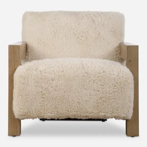 Modern Lines In Dry Oak Finished Wood With Light Ceruse Upholds A Floating Plush Seat, Upholstered In A Caramel Toned Long-haired Faux Sheepskin. Collection: Jackson Designer: Matthew Williams Finish: Dry Oak Width: 29.00" Height: 30.00" Length: 36.00" Weight: 48.62 lb Material: Plywood, Rubber Wood, Foam, Fabric Country of Origin: China Safety Rating: Indoor Only