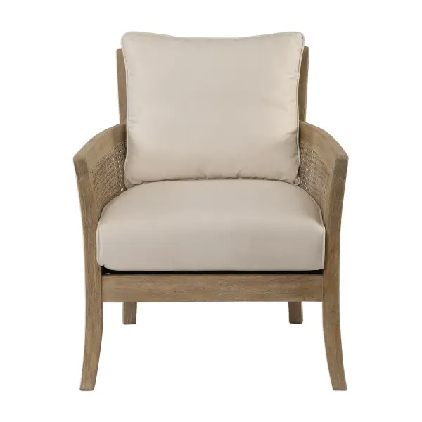 High Supportive Back And Curvy Flair Arms Make A Grand Style Statement In A Lightly Glazed And Bleached Sandstone Exposed Hardwood Finish With Cane Sides, Tailored In A Durable Yet Lush Off-white Fabric With Added Performance Treatment To Resist Soiling And Stains. Collection: Encore Designer: Matthew Williams Finish: Sandstone Width: 29.25" Height: 34.00" Length: 32.00" Weight: 33.15 lb Material: Rubber Wood, Rattan, Plywood, Fabric, Fiber, Metal Country of Origin: China Safety Rating: Indoor Only