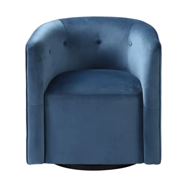 Make A Dramatic Statement With This Barrel Style Swivel Chair, Covered In An Ink Blue Polyester Velvet With Button Tufted Accents. Rests On A Satin Black Wood Base. Collection: Mallorie Designer: Matthew Williams Finish: Satin Black Wood Width: 28.50" Height: 30.75" Length: 28.50" Weight: 59.67 lb Material: Birch Wood, Plywood, Fabric, Foam, Hardware Country of Origin: China Safety Rating: Indoor Only