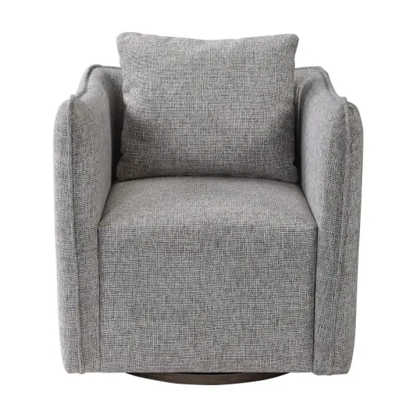 Casual Shelter Arm Accent Chair Tailored In A Woven Linen Blend Fabric In Natural Stone Hues Of Gray, Tan And Ivory. Features A Flanged Edge Trim Complete With A Loose Back Pillow. Rests On A Solid Birch Wood Swivel Base, Finished In A Weathered Gray Stain. Collection: Corben Designer: Matthew Williams Finish: Solid Birch Wood Width: 30.00" Height: 30.00" Length: 30.00" Weight: 69.80 lb Material: Hardwood, Plywood, Mdf, Fabric, Foam, Hardware Country of Origin: China Safety Rating: Indoor Only
