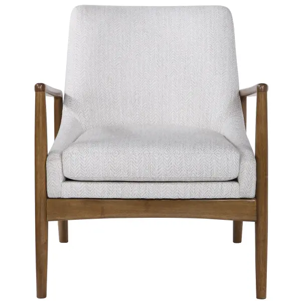 Scandinavian Style Accent Chair Featuring An Exposed Solid Wood Frame Finished In A Honey Stain And Covered In A Subtle, Taupe And White Chevron Polyester Performance Fabric. Collection: Bev Designer: Matthew Williams Finish: Solid Wood Width: 27.00" Height: 31.50" Length: 31.00" Weight: 35.36 lb Material: Rubber Wood, Bent Wood, Foam, Fabric, Hardware Country of Origin: China Safety Rating: Indoor Only