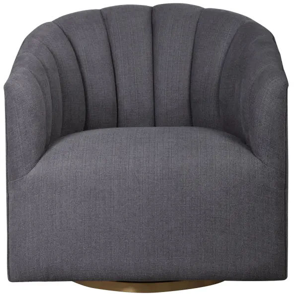 Modern Barrel Back Chair Is Covered In A Charcoal Gray Fabric With Deep Channel Tufting And Welt Trimmed Details. The Stainless Steel Swivel Base Is Finished In Brushed Brass. Collection: Cuthbert Designer: Matthew Williams Finish: Brushed Brass Width: 31.00" Height: 32.25" Length: 32.00" Weight: 52.37 lb Material: Stainless Steel, Plywood, Hardwood, Foam, Fabric, Hardware Country of Origin: China Safety Rating: Indoor Only