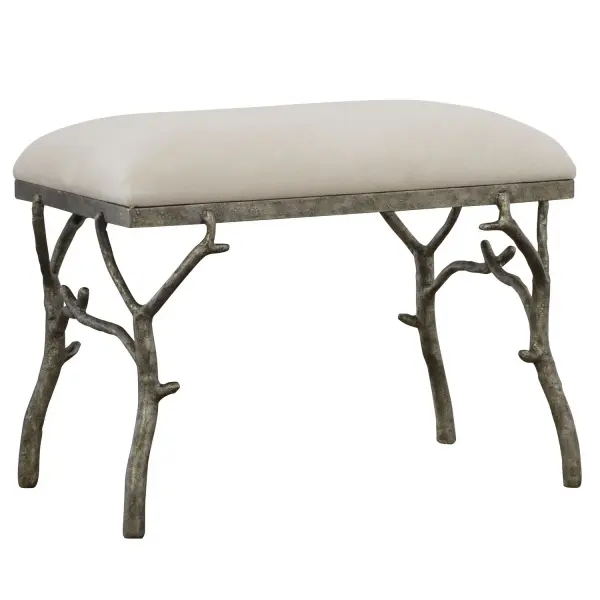 Make A Whimsical Statement With This Molded Branch Accent Bench Featuring A Heavily Textured Antique Silver Finish, Tailored In An Off-white Polyester Fabric. Collection: Lismore Designer: Grace Feyock Finish: Antique Silver Width: 24.00" Height: 19.25" Length: 16.00" Weight: 16.50 lb Material: Iron, Resin, Linen, Plywood Country of Origin: Vietnam Safety Rating: Indoor Only