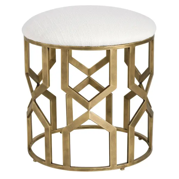 Stylish And Versatile, This Round Accent Stool Showcases A Solid Iron Base With A Modern Geometric Motif Finished In Antique Brushed Brass. The Cushioned Top Is Upholstered In A Crisp White Textured Fabric, Doubling Its Use As A Seat Or Footrest. Collection: Trellis Designer: Grace Feyock Finish: Antique Brushed Brass Width: 18.00" Height: 20.50" Length: 18.00" Weight: 12.00 lb Material: Iron, Mdf, Fabric, Foam Country of Origin: China Safety Rating: Indoor Only