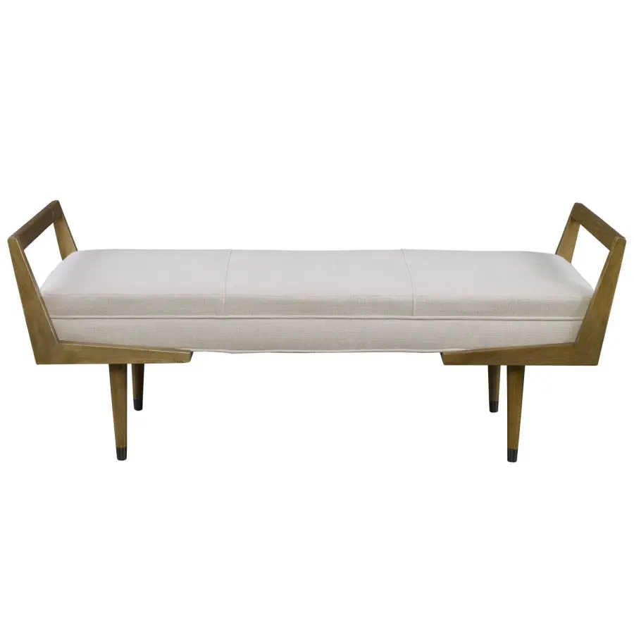 Waylon Bench in Oak Finish with Woven Beige Fabric Seat