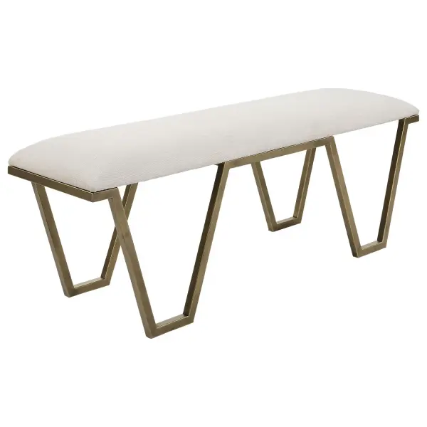 Classic And Sophisticated, This Accent Bench Features A Geometric Iron Base In Antique Gold Leaf With An Upholstered Seat In A Crisp White Textured Fabric. Collection: Farrah Designer: Grace Feyock Finish: Antique Gold Leaf Width: 53.75" Height: 20.68" Length: 15.75" Weight: 26.00 lb Material: Iron, Mdf, Polyester, Foam Country of Origin: China Safety Rating: Indoor Only