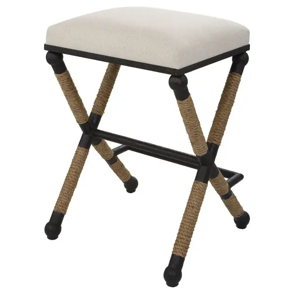 Rustic Iron Frame With A Nautical Touch, Wrapped In Natural Fiber Rope Accents. Cushioned Top Is A Sturdy, Cotton In A Neutral Oatmeal With Performance Treatment. Collection: Firth Designer: Grace Feyock Finish: Rustic Iron Width: 18.75" Height: 27.63" Length: 18.75" Weight: 18.90 lb Material: Mdf, Fabric, Iron, Foam, Rope Country of Origin: China Safety Rating: Indoor Only