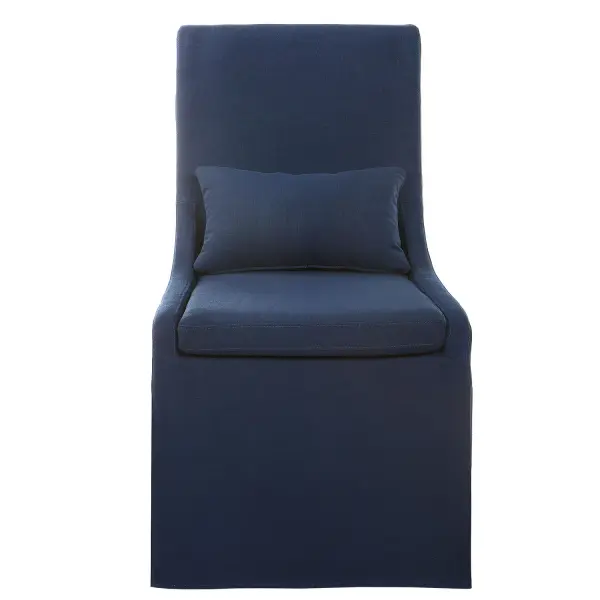 Simplistic In Form, This Casually Sophisticated Armless Chair Features A Tailored Denim Blue Linen Blend Slipcover With A Plush Cushion Seat And Kidney Pillow For Extra Comfort. Has Added Performance Treatment To Resist Soiling And Stains. Collection: Coley Designer: Matthew Williams Finish: Blue Linen Width: 23.00" Height: 39.50" Length: 25.00" Weight: 20.70 lb Material: Rubber Wood, Fabric, Plywood, Foam, Hardware Country of Origin: China Safety Rating: Indoor Only ADA