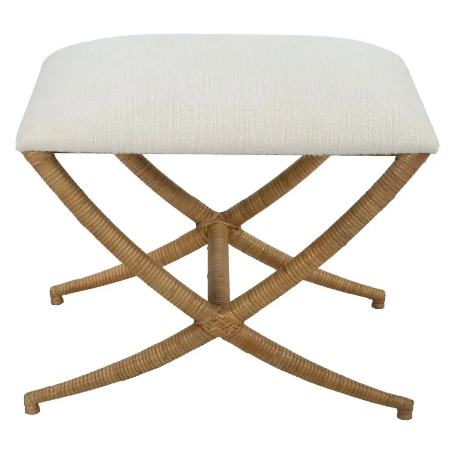 Expedition Small Bench in Natural Rattan-Wrapped Iron with White Fabric Seat