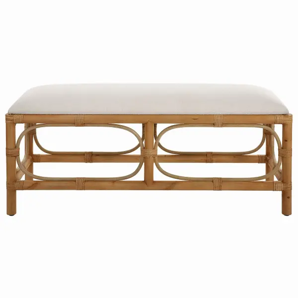 A Refreshing Coastal Accent Featuring A Crisp White Textured Fabric, Over A Naturally Finished Solid Wood Base With Rattan Wrapped Accents. Perfect At The Foot Of A Bed Or As Additional Family Room Seating. Collection: Laguna Designer: Grace Feyock Finish: Solid Wood Width: 48.00" Height: 20.50" Length: 16.00" Weight: 30.00 lb Material: Mdf, Pine, Rattan, Polyester, Foam Country of Origin: China Safety Rating: Indoor Only