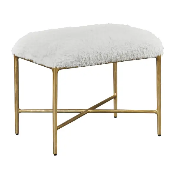 A Textural Glam Accent Featuring A Lush Long-haired Faux Sheepskin In Cream Paired With A Solid Wrought Iron Base With Chiseled Texturing Finished In Soft Gold. Collection: Charmed Designer: Grace Feyock Finish: Soft Gold Width: 24.00" Height: 19.00" Length: 16.00" Weight: 34.00 lb Material: Wrought Iron, Plywood, Fabric, Foam Country of Origin: Vietnam Safety Rating: Indoor Only