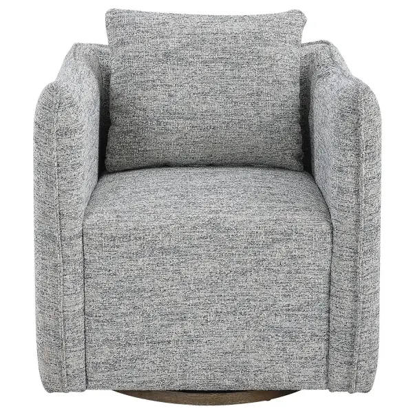 Casual Shelter Arm Accent Chair Tailored In A Casual Blue And White Tweed Fabric. Features A Flanged Edge Trim Complete With A Loose Back Pillow. Rests On A Solid Birch Wood Swivel Base, Finished In A Weathered Gray Stain. Collection: Corben Designer: Matthew Williams Finish: Weathered Gray Stain Width: 30.00" Height: 30.00" Length: 30.00" Weight: 73.63 lb Material: Hardwood, Plywood, Mdf, Fabric, Foam, Hardware Country of Origin: Vietnam Safety Rating: Indoor Only