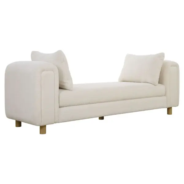 Exceptional Comfort With Dual Functionality As An Oversized Bench Or Even A Small Day Bed, Featuring Chunky Curves And Dowel Feet In Light Oak, With Two Accent Pillows. Upholstered In A Finely Textured Faux Sheepskin In Soft Ivory. Collection: Repose Designer: Matthew Williams Finish: Light Oak Width: 90.50" Height: 28.50" Length: 26.00" Weight: 61.60 lb Material: Solidwood, Plywood, Fabric, Foam, Hardware Country of Origin: China Safety Rating: Indoor Only