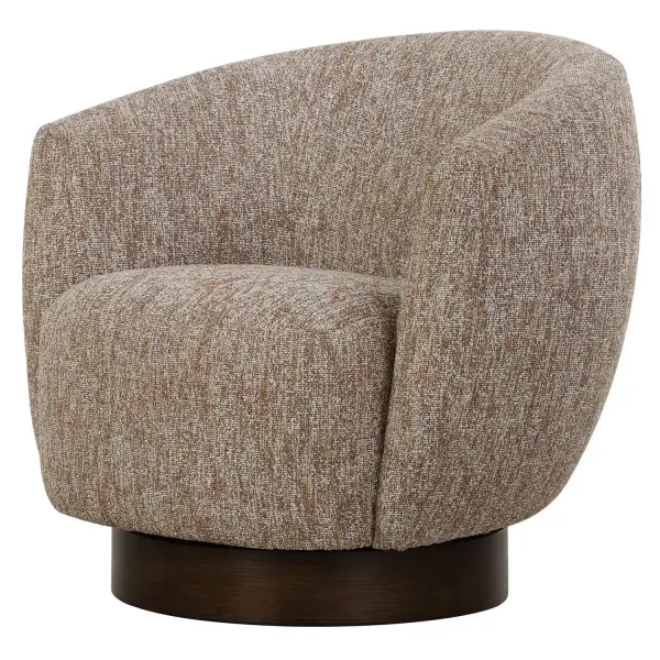 Embodying Richness Of Earth's Warm Tones, The Dunes Barrel Back Swivel Chair Features A Woven Fabric In Mottled Tones Of White, Cocoa, And Rust. Resting On A Plinth Swivel Base In Dark Walnut Stained Oak. Collection: Dunes Finish: Dark Walnut Width: 33.00" Height: 32.00" Length: 30.00" Weight: 48.60 lb Material: Oak, Plywood, Foam, Fabric Country of Origin: China Safety Rating: Indoor Only