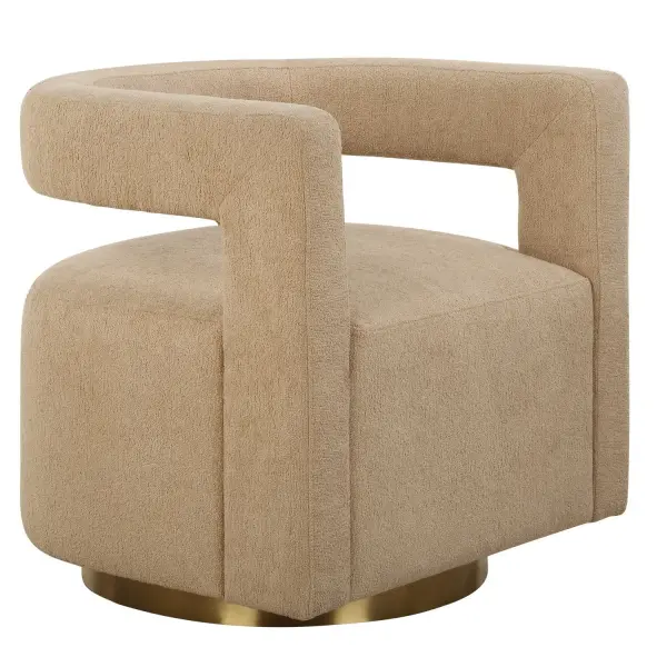 A Luxuriously Modern Style Created By The Floating Barrel Back Design, Upholstered In A Textured Boucle Fabric In Toast. Features A Plinth Swivel Base In Brushed Brass Plated Stainless Steel. Collection: Grounded Designer: Matthew Williams Finish: Brushed Brass Width: 28.00" Height: 28.00" Length: 30.00" Weight: 44.20 lb Material: Bent Wood, Fabric, Foam, Metal, Hardware Country of Origin: China Safety Rating: Indoor Only