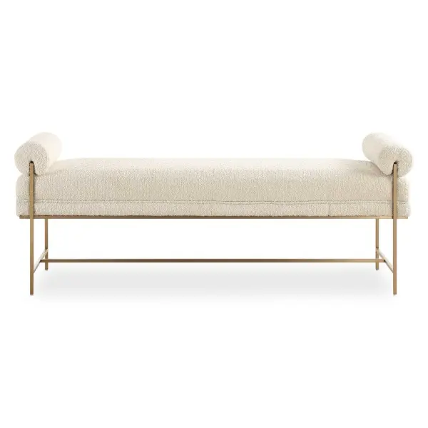 A Chic Accent Bench, Featuring A Supportive Yet Stylish Stainless Steel Frame Finished In Brushed Brass With Fixed Bolster Pillow Accents. Upholstered In A Textured Boucle Polyester In Pearl White. Seat Height Is 19". Collection: Bolster Designer: Matthew Williams Finish: Brushed Brass Width: 60.50" Height: 23.00" Length: 16.00" Weight: 40.00 lb Material: Stainless Steel, Plywood, Fabric , Foam Country of Origin: China Safety Rating: Indoor Only