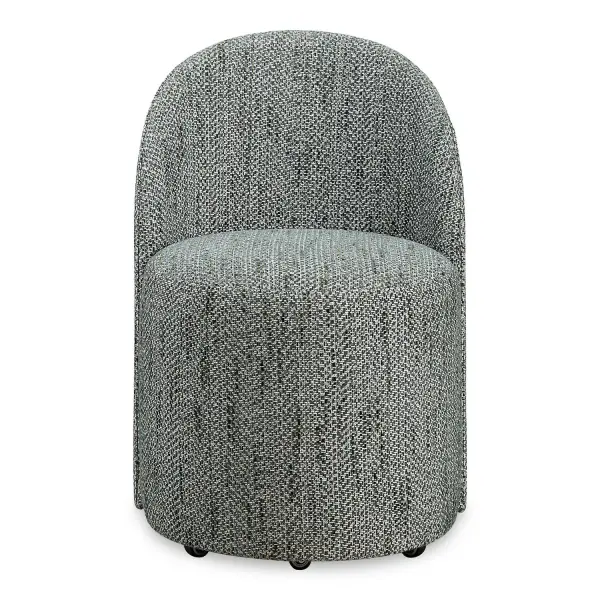 Inspired From Classic Vanity Seating But Proportioned For Dining, The Roll With It Chair Features Rolling Casters For Ease Of Use. Its Smooth Lines Are Fully Upholstered In A Textural Woven Chenille In Rich Emerald, White And Teal Tones. Collection: Roll With It Finish: White And Teal Width: 21.50" Height: 32.00" Length: 23.25" Weight: 22.10 lb Material: Fabric, Foam, Plywood Country of Origin: China Safety Rating: Indoor Only