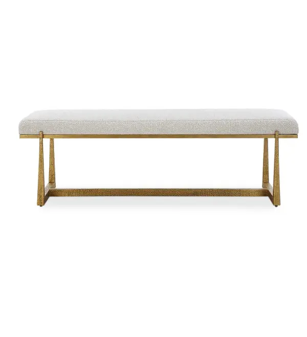 This Elegant Bench Adds A Touch Of Luxury To Any Room. The Textured Antique Gold Finish Iron Legs Perfectly Support And Accentuate The Upholstered Top In A Driftwood Toned Polyester Blend With Wool-like Texture. Collection: Midas Finish: Antique Gold Width: 60.00" Height: 19.50" Length: 18.00" Weight: 60.77 lb Material: Metal, Mdf, Foam, Fabric Country of Origin: Cambodia Safety Rating: Indoor Only