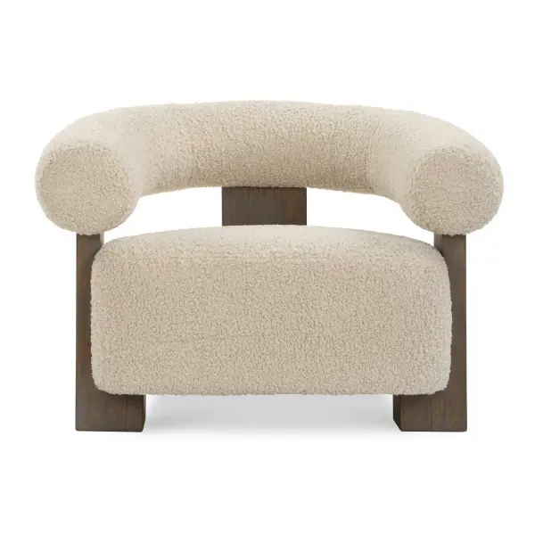 The Lennox Accent Chair Features A Solid Oak Frame With A T Back Design Finished In Dark Walnut. The Floating Barrel Back And Cushion Are Upholstered In A Linen Toned Faux Shearling. Collection: Lennox Finish: Dark Walnut Width: 38.00" Height: 27.00" Length: 31.50" Weight: 53.50 lb Material: Oak, Fabric, Foam, Plywood Country of Origin: China Safety Rating: Indoor Only