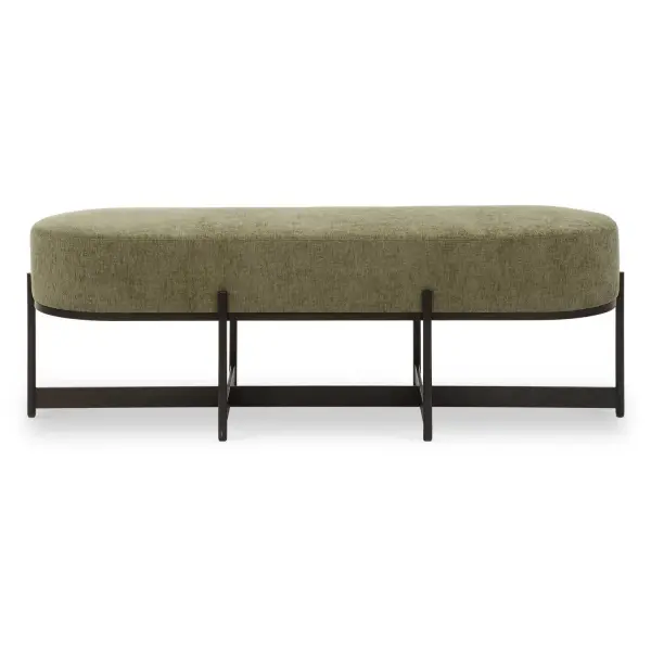 The Angular Bronze Iron Frame Of The Merino Bench Cradles The Plush Seat, Upholstered In A Finely Textured Moss Toned Polyester. Collection: Merino Designer: Matthew Williams Finish: Angular Bronze Width: 56.50" Height: 19.00" Length: 17.60" Weight: 38.67 lb Material: Metal, Plywood, Foam, Fabric Country of Origin: China Safety Rating: Indoor Only