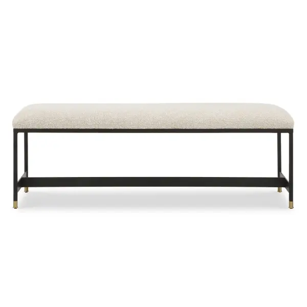 This Bench Features A Sleek Matte Black Iron Frame And Is Paired With A Plush Upholstered Seat In A Casual Off-white Polyester Blend With Wool-like Texture, Accented With Petite Brushed Brass Feet Caps. Collection: Halston Designer: Matthew Williams Finish: Matte Black Width: 54.00" Height: 19.00" Length: 16.00" Weight: 48.62 lb Material: Iron, Mdf, Foam, Fabric Country of Origin: Cambodia Safety Rating: Indoor Only