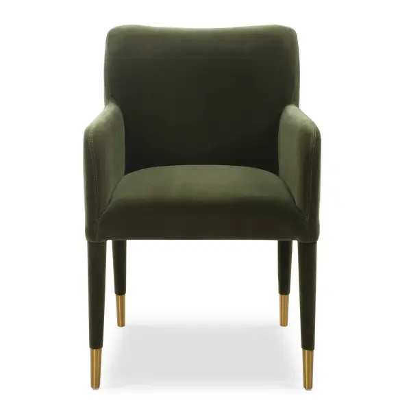 Perfect For Modern Dining, This Armchair Features Sleek Lines Covered In A Moss Green Polyester Velvet Accented With Brushed Brass Ferrules. Collection: Conifer Finish: Brushed Brass Width: 23.00" Height: 34.00" Length: 24.00" Weight: 17.60 lb Material: Fabric, Foam, Plywood, Steel Country of Origin: China Safety Rating: Indoor Only