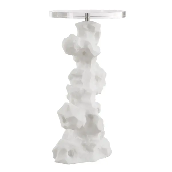 Crafted From Man-made White Stone That Accurately Replicate The Look Of Thassos Marble, The Remnant Accent Table Doubles As A Table And A Modern Work Of Art. The Top Is Made Of Thick Crystal. Collection: Remnant Designer: Carolyn Kinder Finish: White Stone Width: 12.50" Height: 24.50" Length: 12.50" Weight: 23.00 lb Material: Man Made Stone, Crystal, Iron Country of Origin: China Safety Rating: Indoor Only