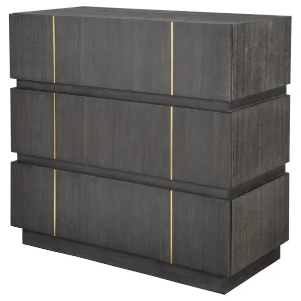 A Clean And Refined Accent Chest Featuring Three Acacia Veneer Drawers In Dark Walnut. The Richness Of The Wood Grain Is Brought To Life By Stunning Brass Finished Accents. Collection: Between The Lines Designer: Matthew Williams Finish: Dark Walnut Width: 37.00" Height: 35.00" Length: 18.00" Weight: 143.00 lb Material: Mdf, Acacia Veneer, Aluminum Country of Origin: Vietnam Safety Rating: Indoor Only