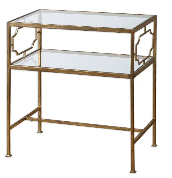 Featuring Elegant Forged Iron Decorated Sides, This Side Table Is Finished In Antique Gold Leaf With Clear Tempered Glass Top And Gallery Shelf. Collection: Genell Designer: Matthew Williams Finish: Gold Leafed Width: 23.88" Height: 25.75" Length: 14.00" Weight: 19.67 lb Extension from Wall: 14.00" Material: Iron And Tempered Glass Country of Origin: China Safety Rating: Indoor Only