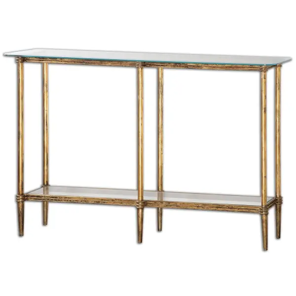 Featuring Sophisticated Molding Details, This Elegant Console Table Has A Bright Gold Leaf Finish With Distressed Details Over A Cast Iron Framework With A Clear, Tempered Glass Top And Gallery Shelf. Collection: Elenio Designer: Matthew Williams Finish: Gold Leafed Width: 54.00" Height: 32.38" Length: 12.00" Weight: 63.99 lb Material: Metal And Glass Country of Origin: China Safety Rating: Indoor Only